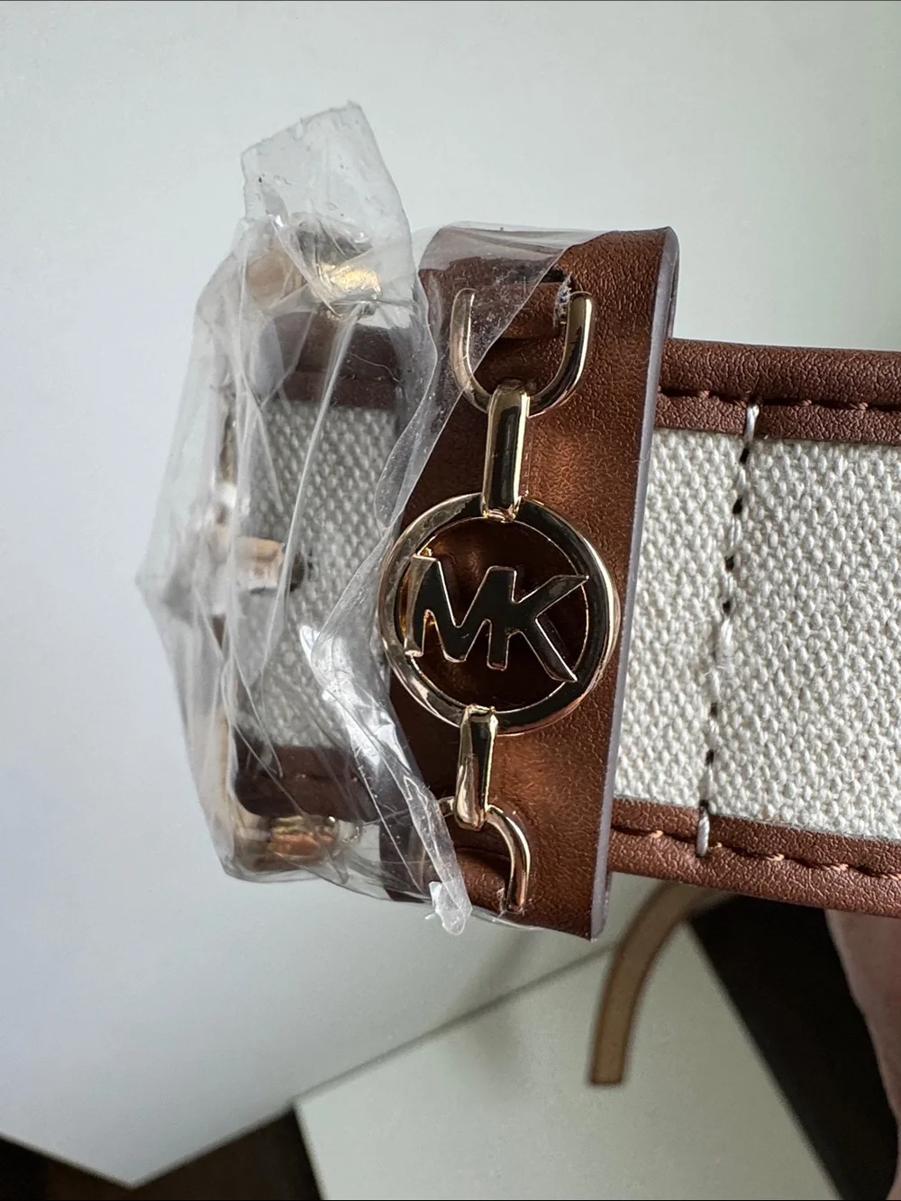 MICHAEL Michael Kors Cream Canvas Belt with Brown Trim and Gold Buckle